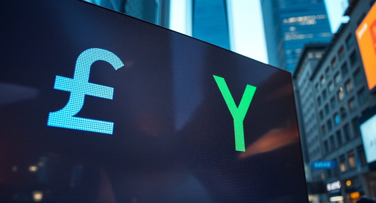 Digital currency board showing GBP and JPY symbols in a financial district setting.
