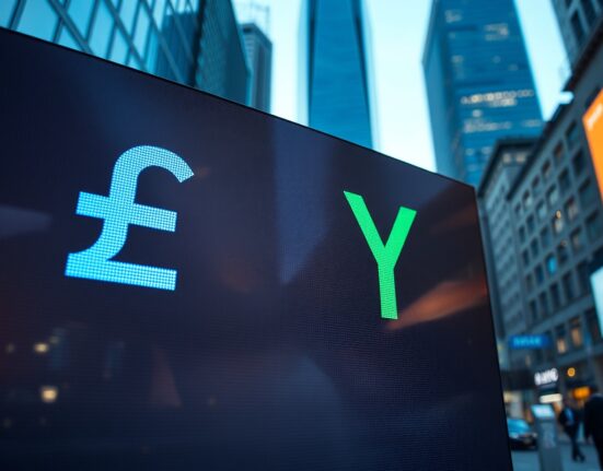 Digital currency board showing GBP and JPY symbols in a financial district setting.