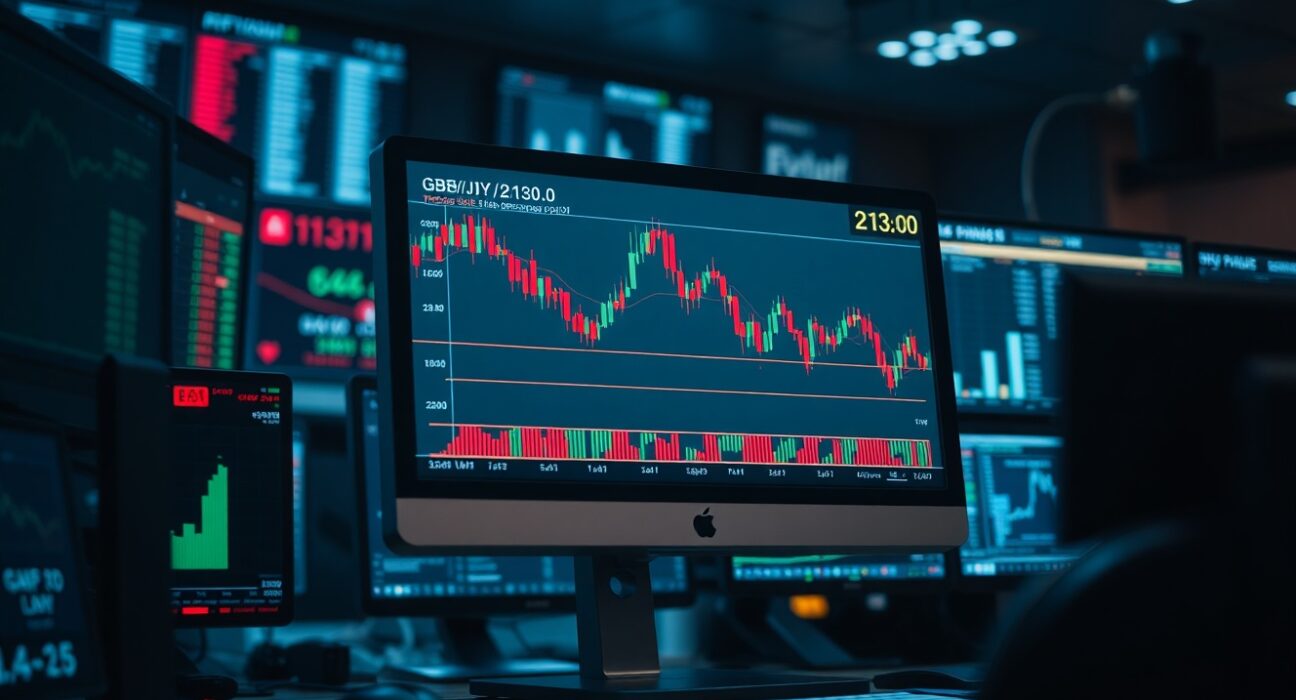 Forex trading monitor showing GBP/JPY chart near 213.00 level with declining trend