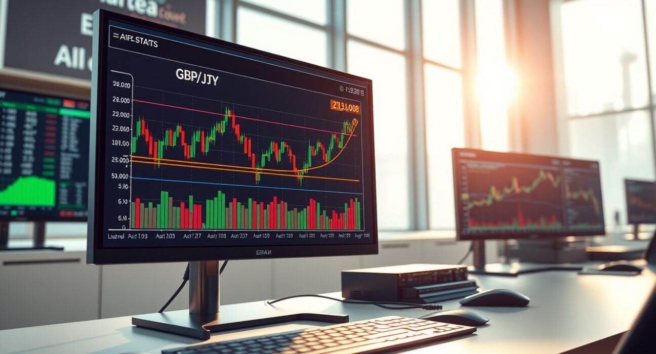 GBP/JPY forex chart analysis showing consolidation below the 213.00 resistance level on a trading desk monitor.