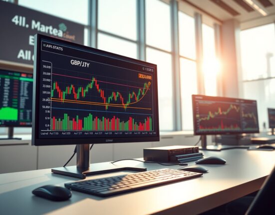 GBP/JPY forex chart analysis showing consolidation below the 213.00 resistance level on a trading desk monitor.