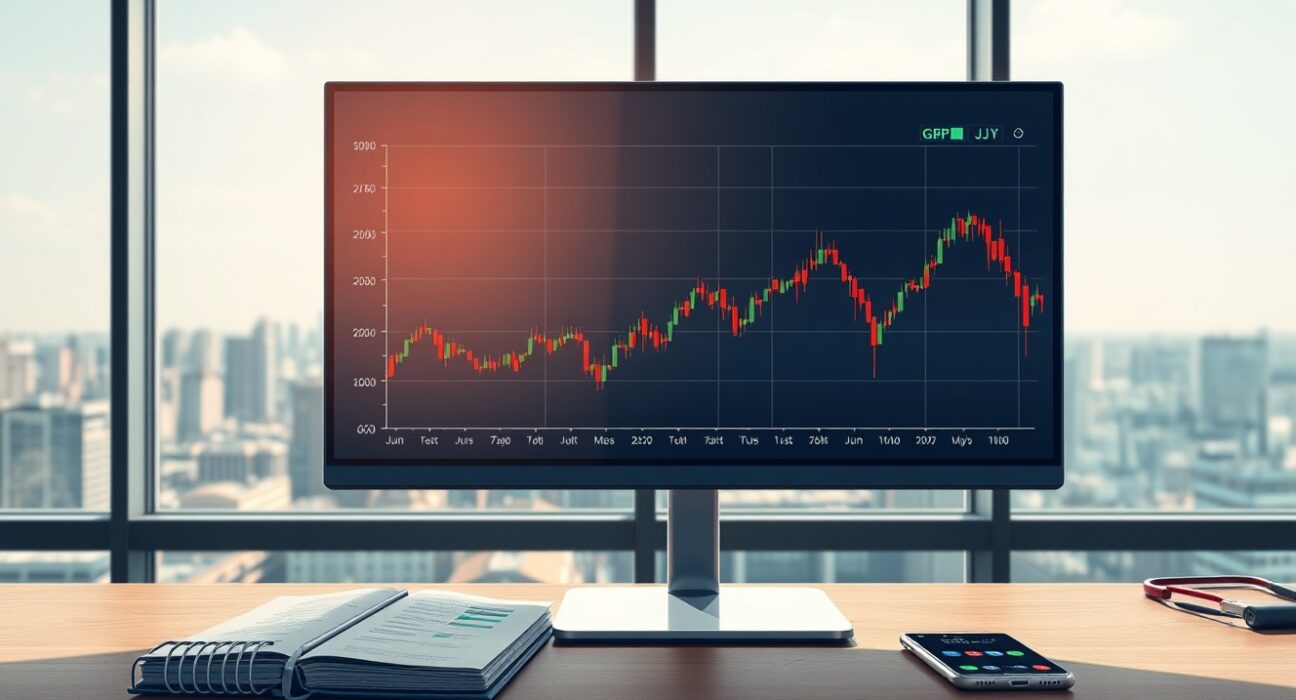 GBP/JPY currency pair chart analysis on trading desk monitor showing stability amid central bank