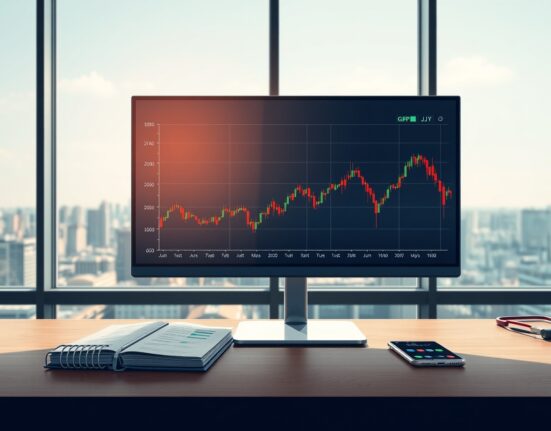 GBP/JPY currency pair chart analysis on trading desk monitor showing stability amid central bank