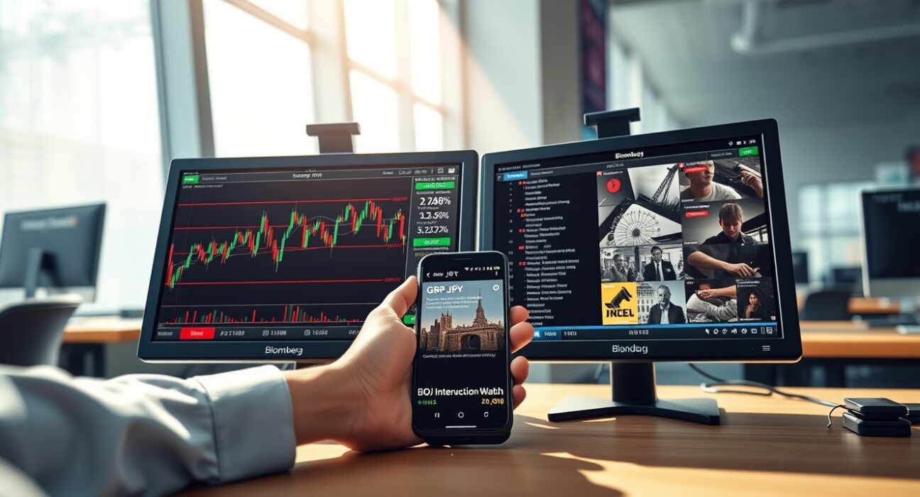 GBP/JPY trading analysis on Bloomberg Terminal showing currency pair charts and UK economic data