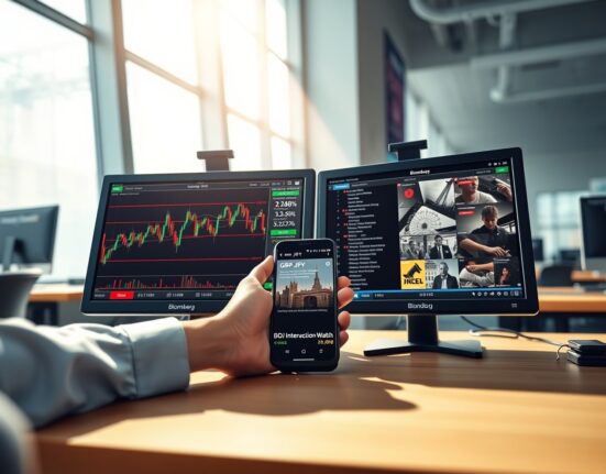 GBP/JPY trading analysis on Bloomberg Terminal showing currency pair charts and UK economic data