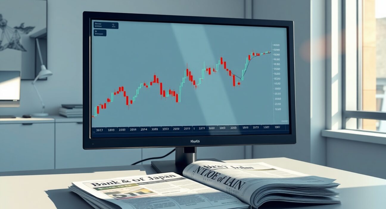 GBP/JPY forex chart on a trading desk ahead of Bank of England and Bank of Japan decisions.