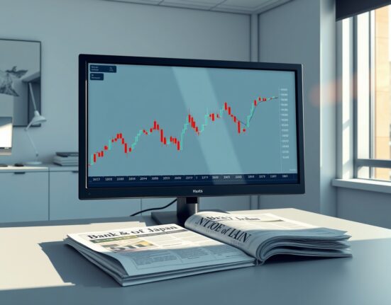 GBP/JPY forex chart on a trading desk ahead of Bank of England and Bank of Japan decisions.