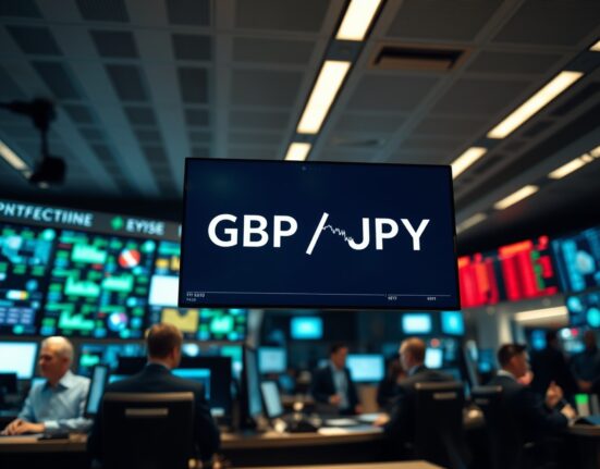 Digital trading screen showing GBP/JPY currency pair with steady chart movement