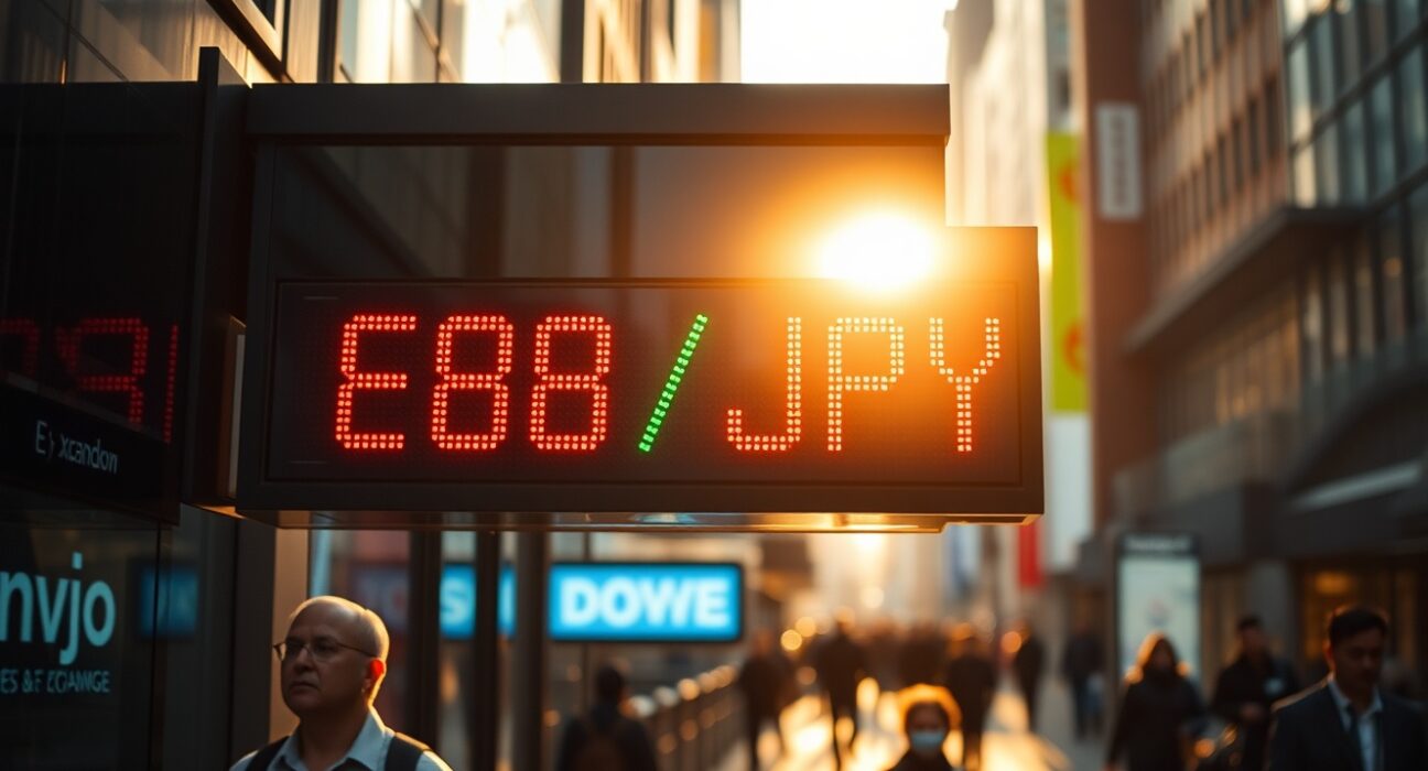 Digital currency exchange board displaying GBP/JPY rate in a financial district with blurred traders in background.