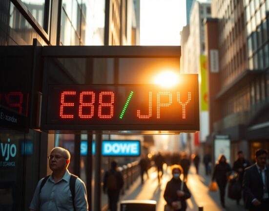 Digital currency exchange board displaying GBP/JPY rate in a financial district with blurred traders in background.