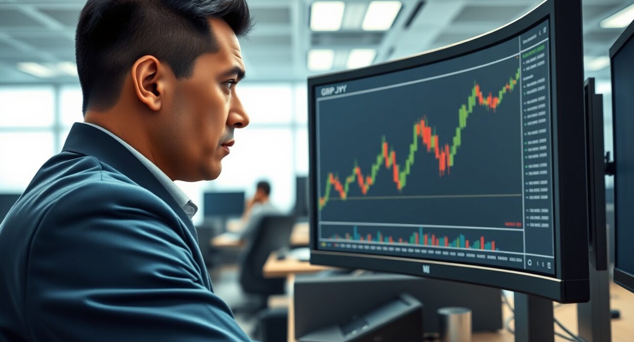 Trader analyzing GBP/JPY forex chart as currency pair surges on Middle East risk.