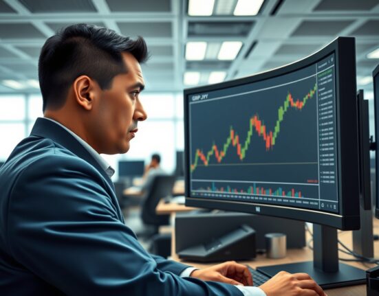 Trader analyzing GBP/JPY forex chart as currency pair surges on Middle East risk.