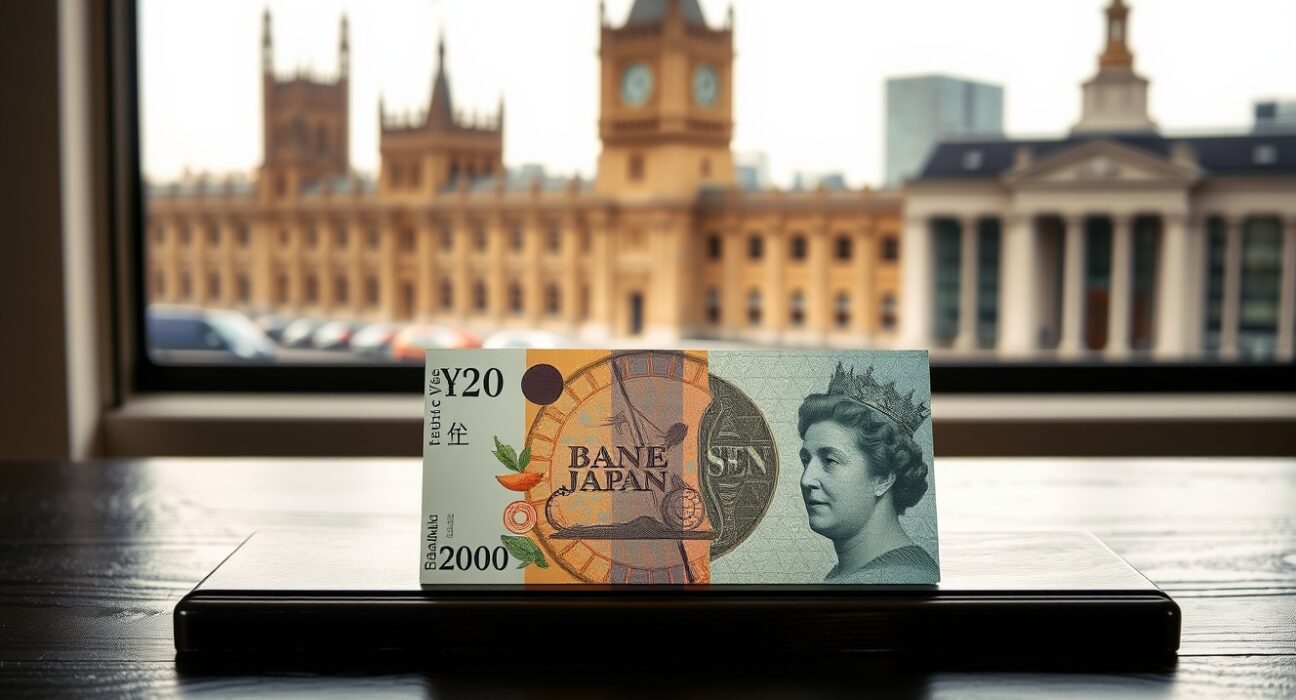 British Pound and Japanese Yen banknotes on desk with blurred UK Parliament and Bank of Japan buildings in background