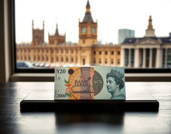 British Pound and Japanese Yen banknotes on desk with blurred UK Parliament and Bank of Japan buildings in background
