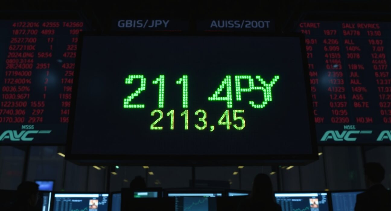 GBP/JPY forex trading screen showing exchange rate at 213.45 on a trading floor.