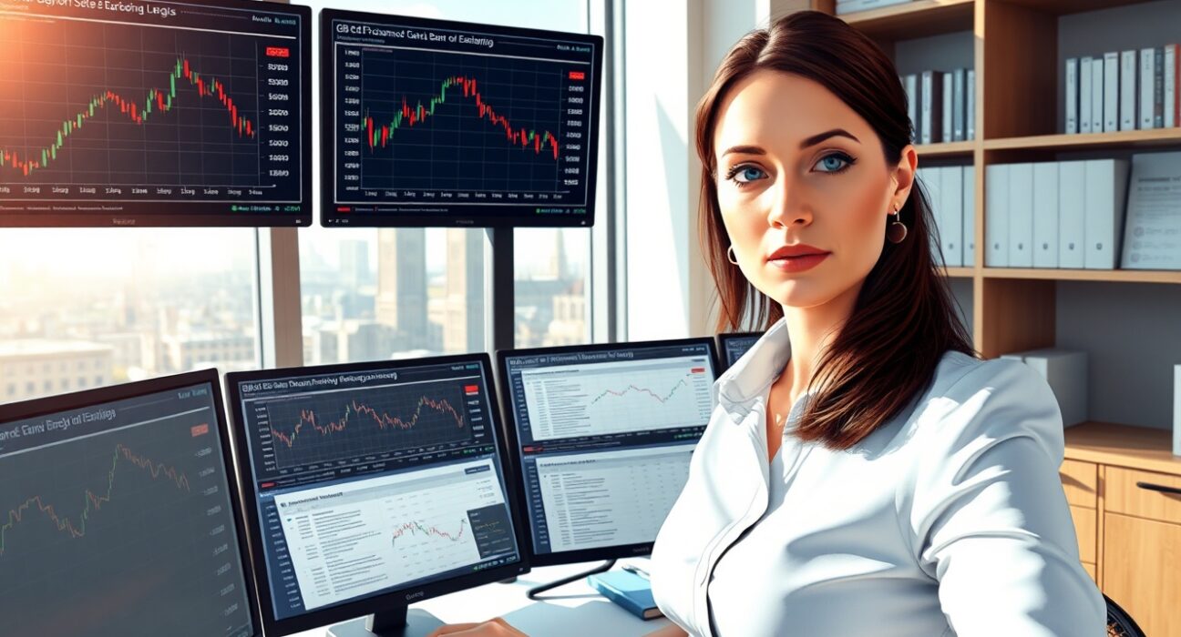 Financial analyst examines GBP exchange rate charts and Bank of England policy data in London office.