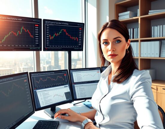 Financial analyst examines GBP exchange rate charts and Bank of England policy data in London office.