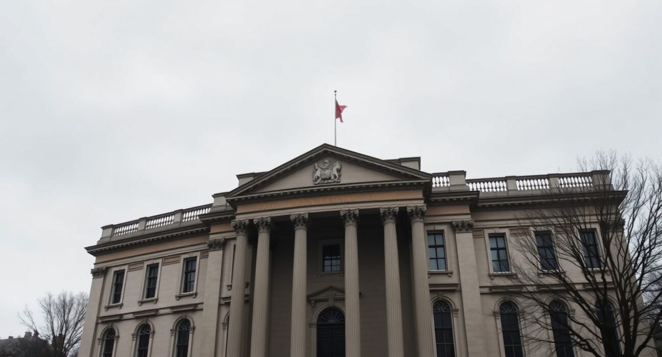 Bank of England building on a cloudy day representing GBP stability amid political risk