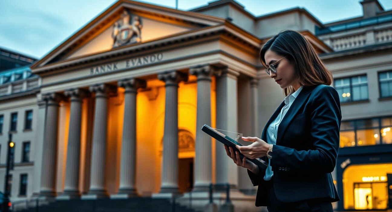 Financial analyst examines GBP currency charts outside Bank of England building during market analysis