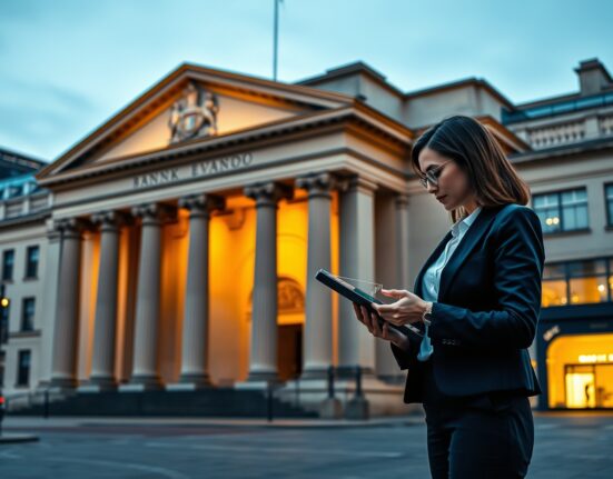 Financial analyst examines GBP currency charts outside Bank of England building during market analysis