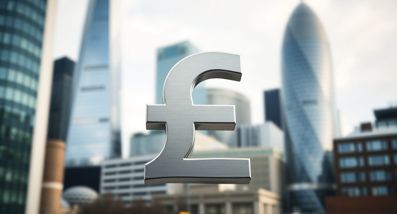 British pound sterling symbol representing currency analysis amid London financial district backdrop