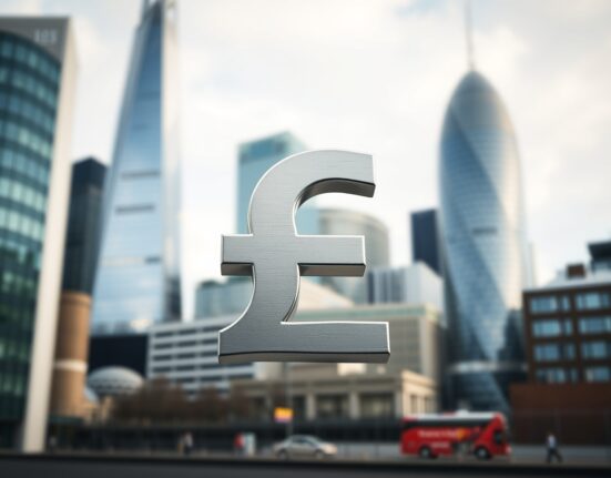 British pound sterling symbol representing currency analysis amid London financial district backdrop