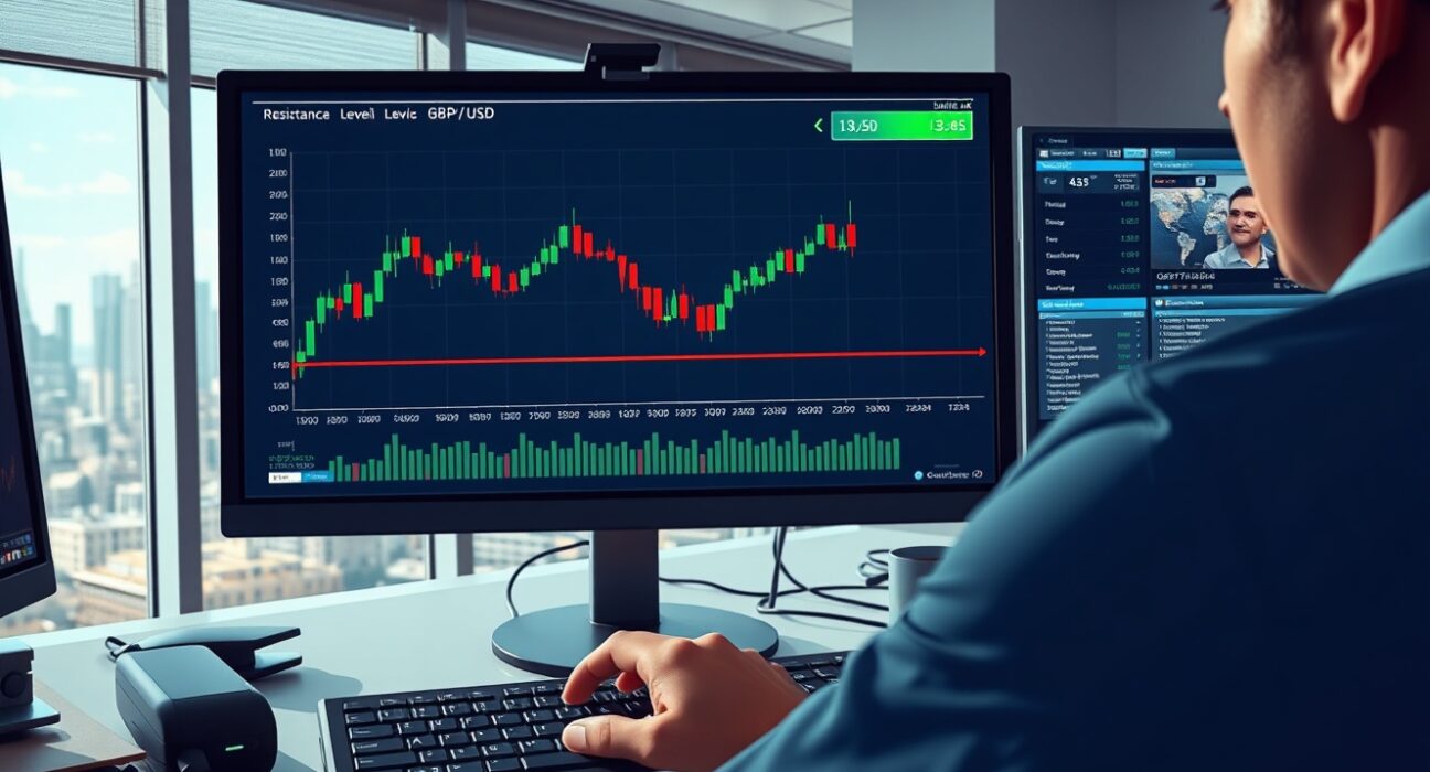 GBP/USD currency chart analysis showing price testing key 1.3450 resistance level on trader's monitor.