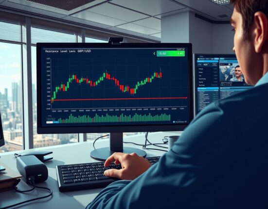 GBP/USD currency chart analysis showing price testing key 1.3450 resistance level on trader's monitor.