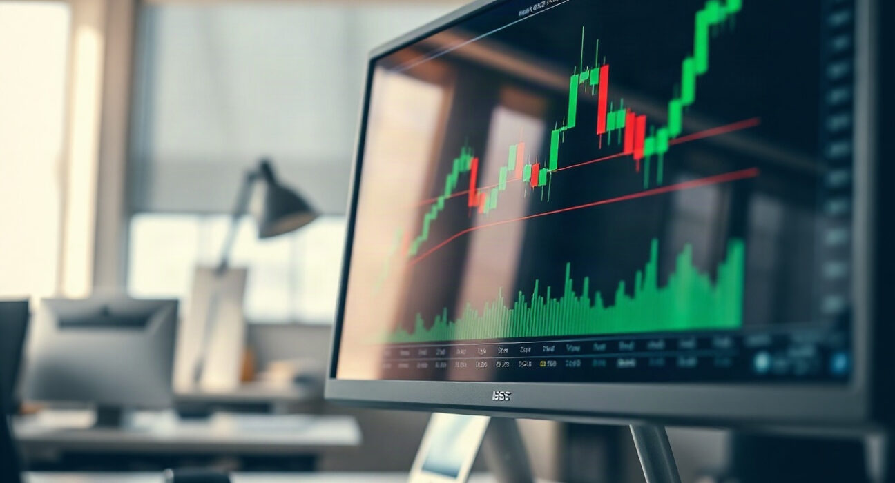 GBP/USD forex chart showing upward movement on a computer screen in a trading office