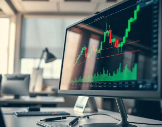 GBP/USD forex chart showing upward movement on a computer screen in a trading office
