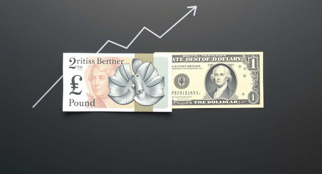 GBP/USD analysis showing Pound Sterling and US Dollar banknotes with a chart, reflecting Scotiabank currency outlook.