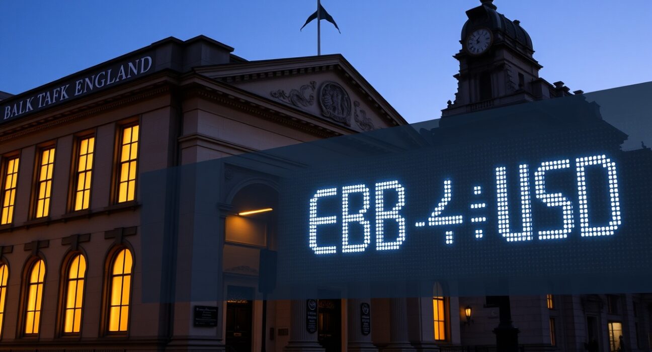 Bank of England building with GBP/USD exchange rate display showing impact of monetary policy decisions