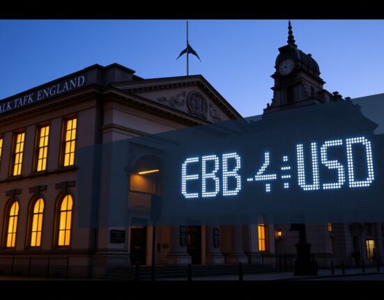 Bank of England building with GBP/USD exchange rate display showing impact of monetary policy decisions
