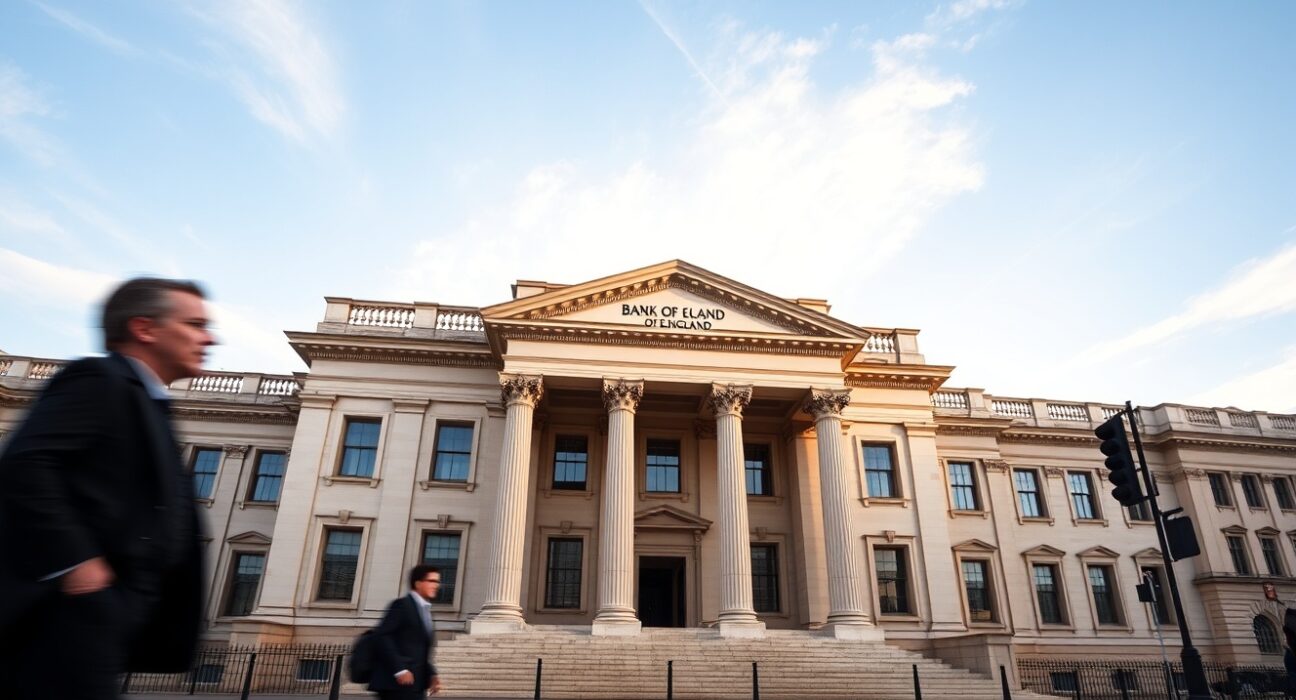 Bank of England building in London during monetary policy uncertainty affecting GBP/USD exchange rate.