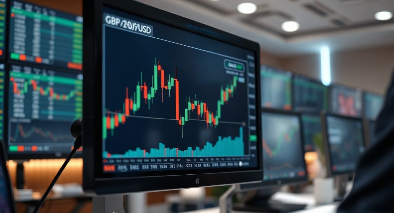 GBP/USD chart on a trading screen with pound and dollar symbols, market analysis context