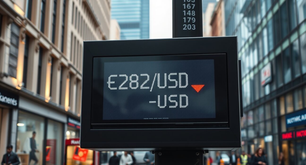 Digital currency exchange board showing GBP/USD rate with downward trend in a financial district