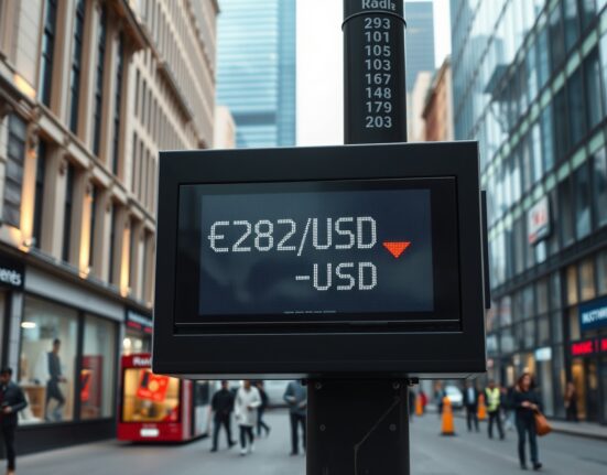 Digital currency exchange board showing GBP/USD rate with downward trend in a financial district