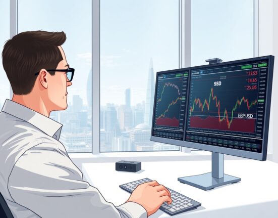 Professional trader analyzing GBP/USD currency pair and Bank of England economic data in London financial office