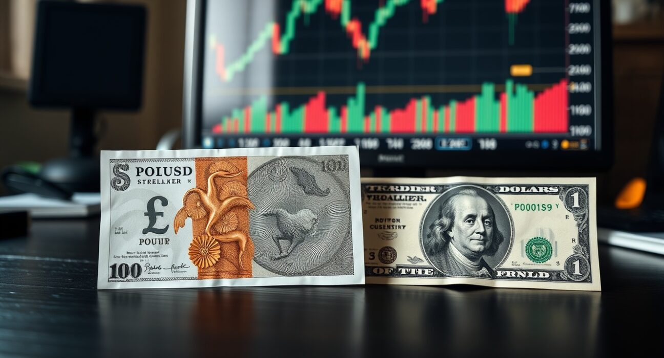 British Pound and US Dollar banknotes with a forex chart in the background showing an upward trend.