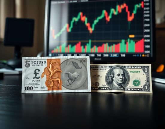 British Pound and US Dollar banknotes with a forex chart in the background showing an upward trend.