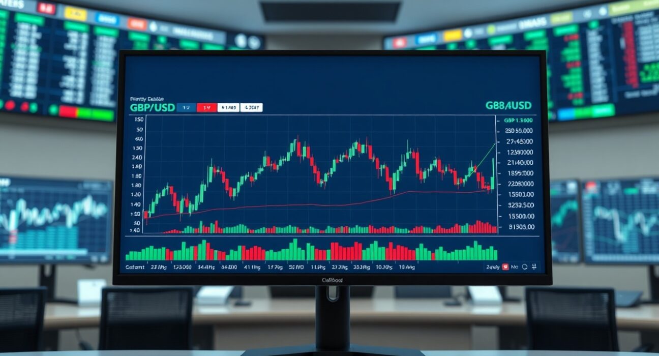 GBP/USD candlestick chart showing consolidation near mid-1.3400s on a trading screen
