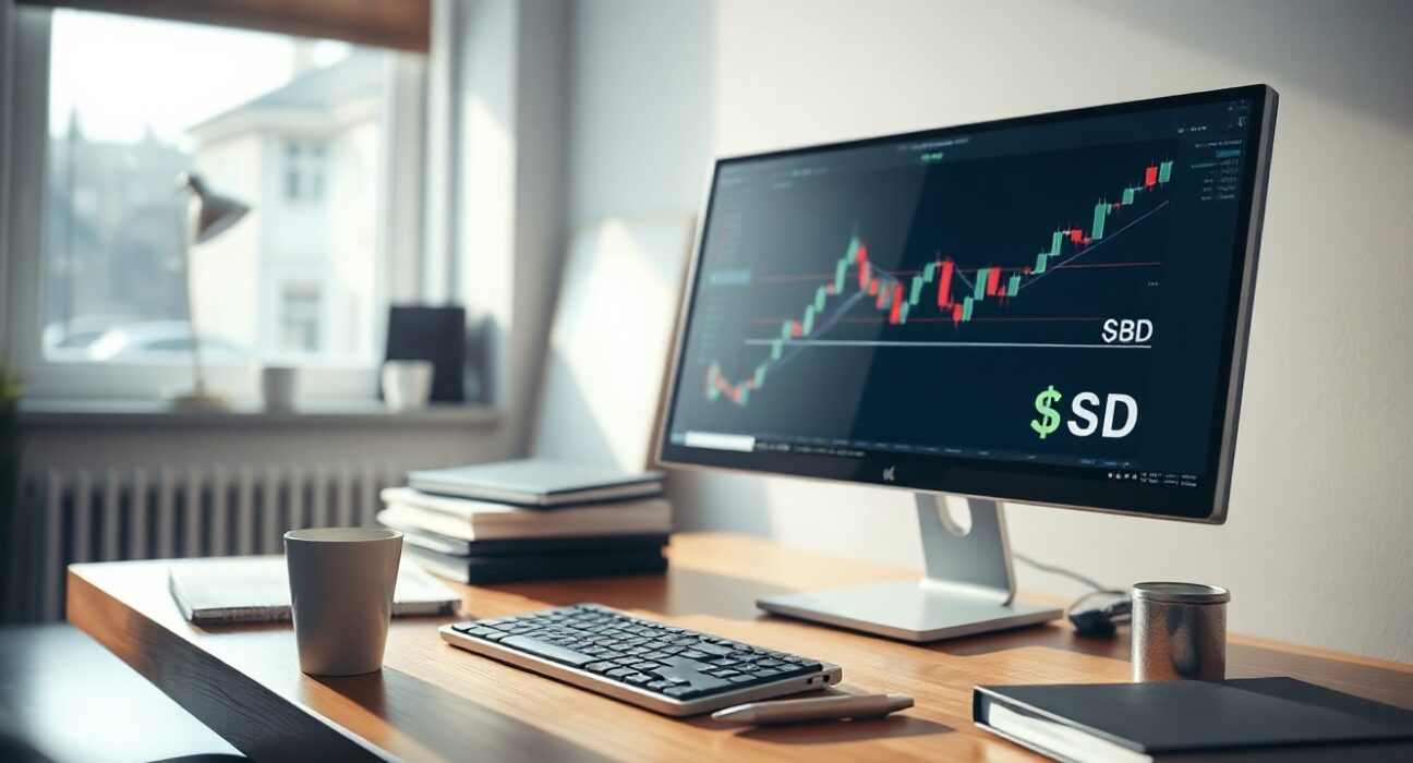 GBP/USD currency pair chart on a computer screen in a financial analyst's office