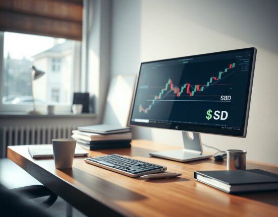 GBP/USD currency pair chart on a computer screen in a financial analyst's office