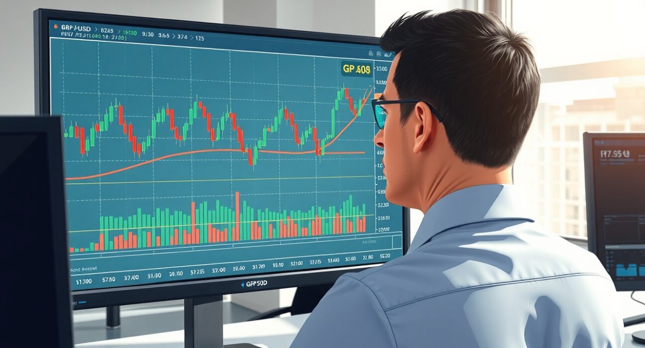 Financial analyst reviews GBP/USD consolidation patterns on trading screen for market insight.