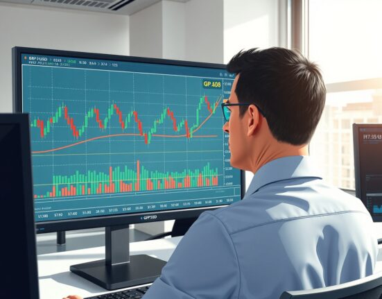 Financial analyst reviews GBP/USD consolidation patterns on trading screen for market insight.