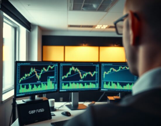 Trading screen showing GBP/USD chart with descending triangle breakout