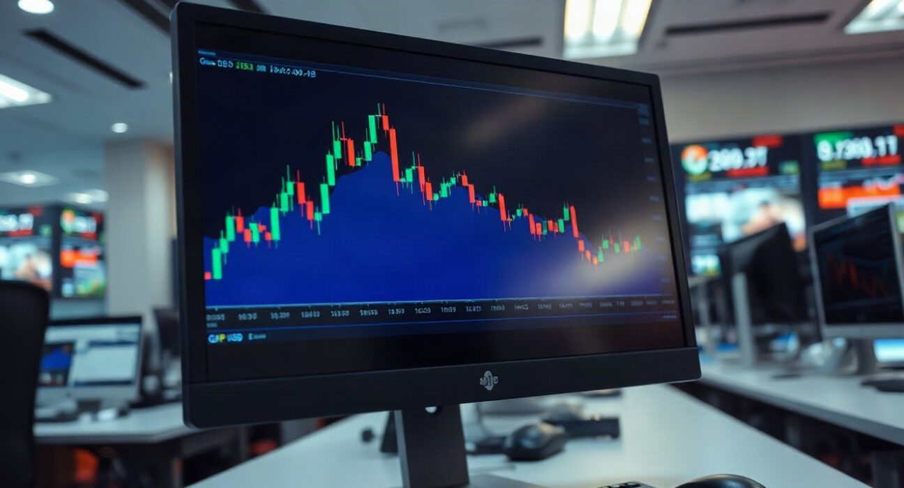 GBP/USD trading chart showing a decline on a computer screen in a trading office