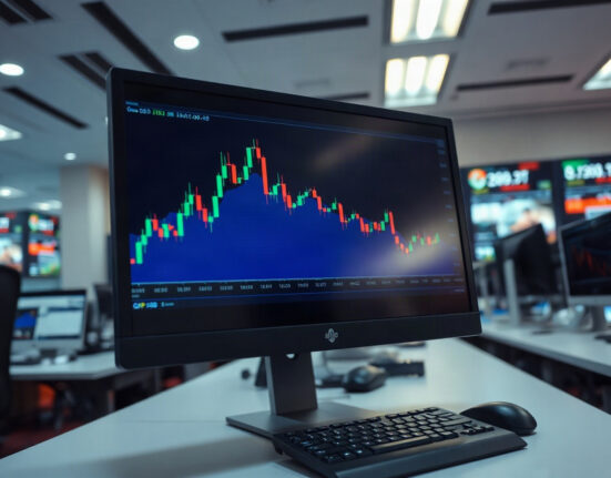 GBP/USD trading chart showing a decline on a computer screen in a trading office
