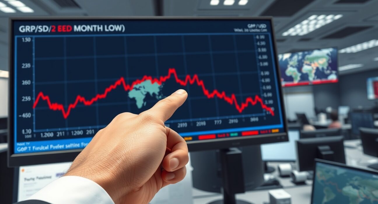 Trader analyzes GBP/USD currency pair chart plunging to four-month low amid Middle East tensions.