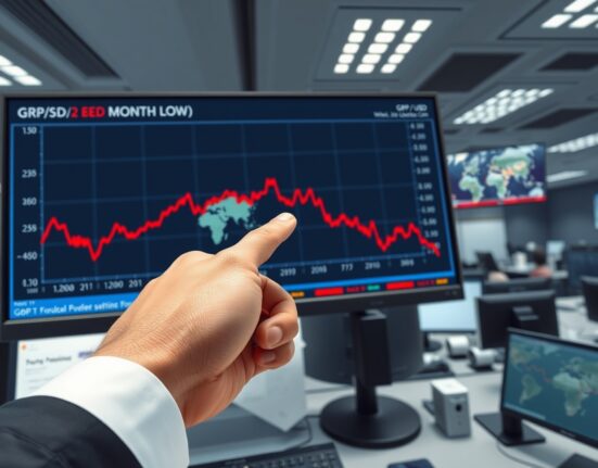 Trader analyzes GBP/USD currency pair chart plunging to four-month low amid Middle East tensions.